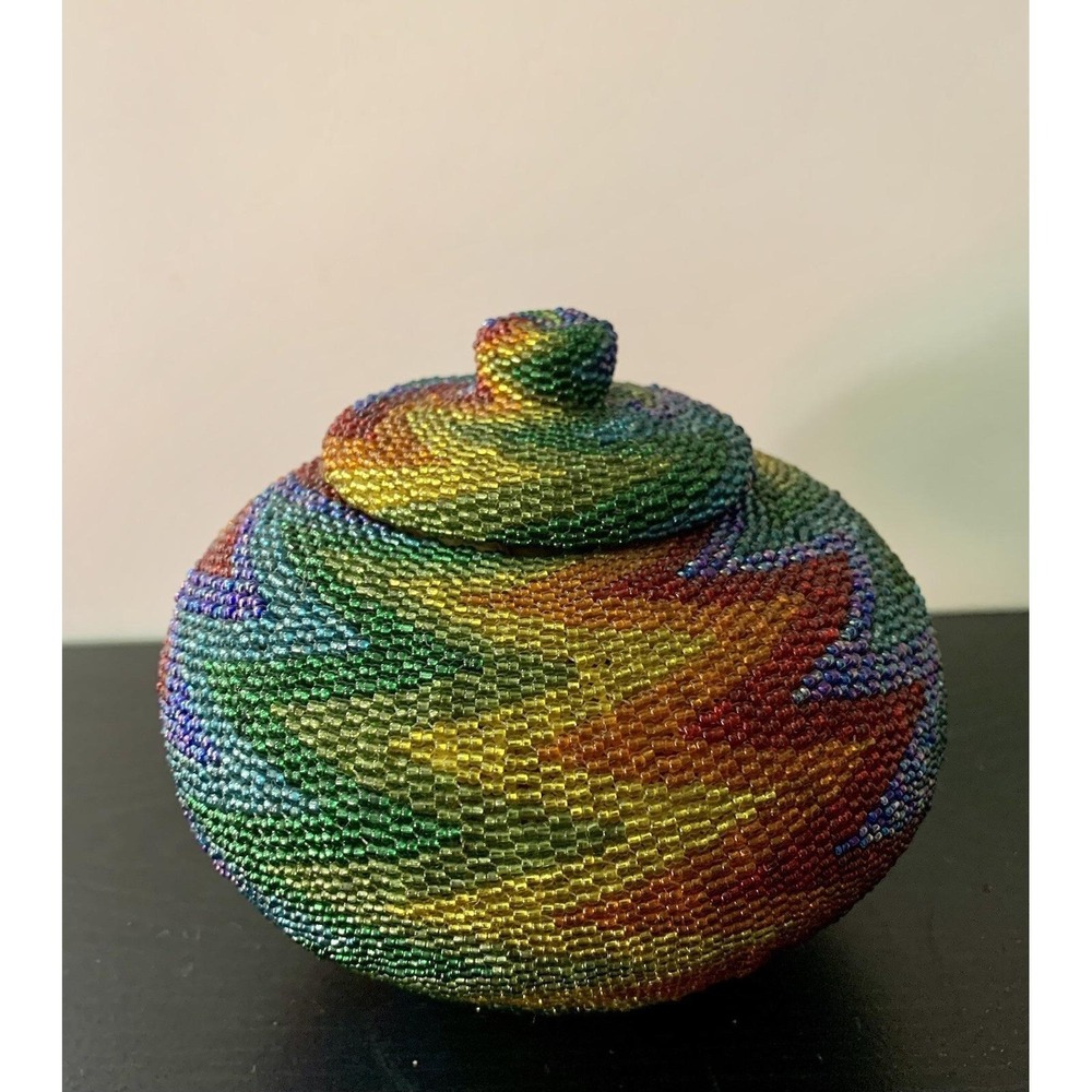 Antique Vtg Hand Woven Multicolor Beaded Rattan Basket Decorative Collectible